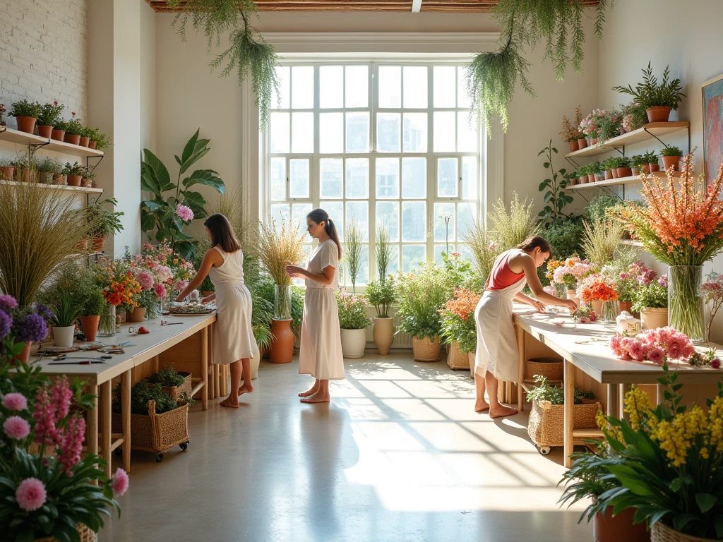 Jyxallanzun floral design studio workspace with fresh flowers